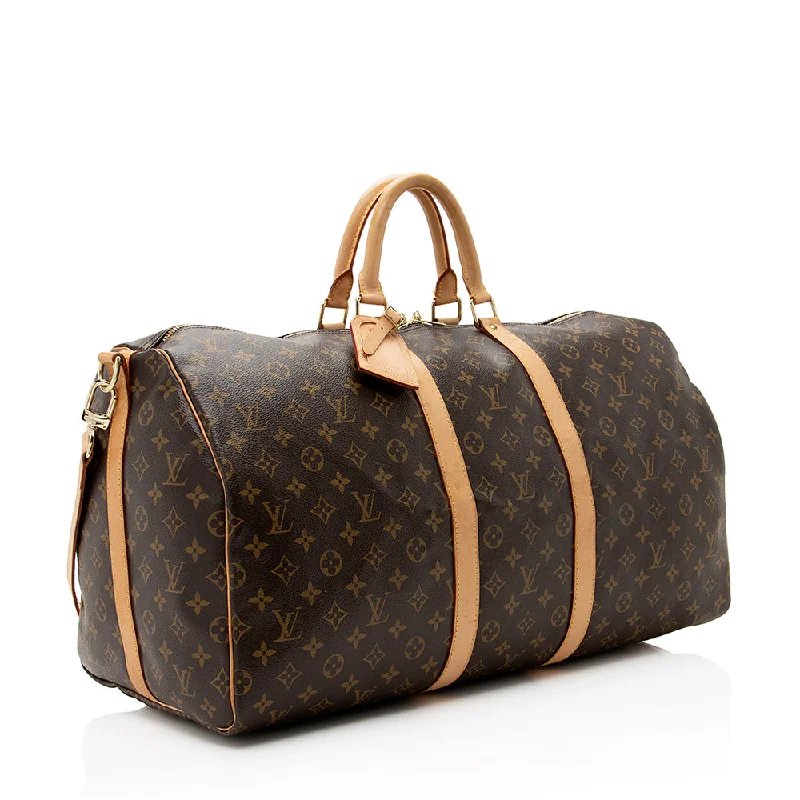 Louis Vuitton bags with a detachable mobile phone holder for convenienceLouis Vuitton Monogram Canvas Keepall Bandouliere 55 Duffle Bag (22086)