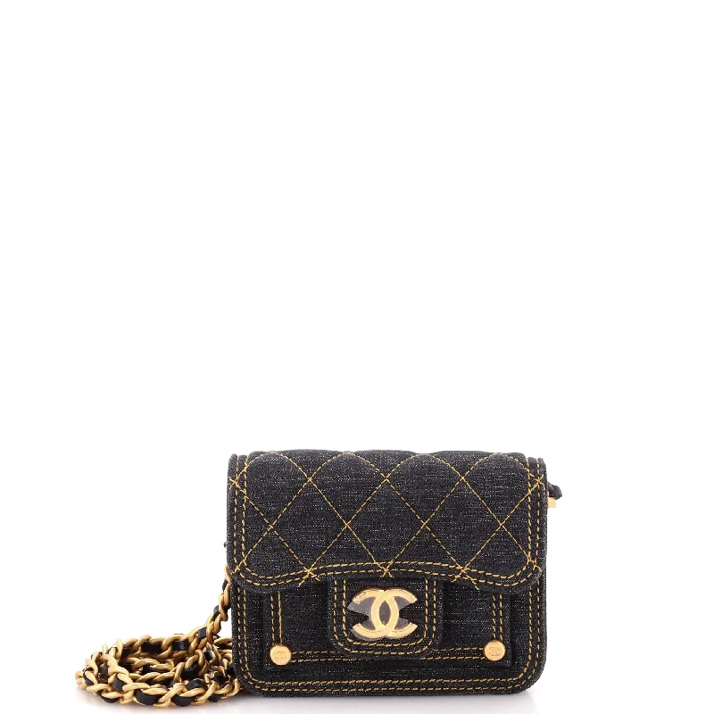 Double You CC Flap Clutch with Chain Quilted Denim