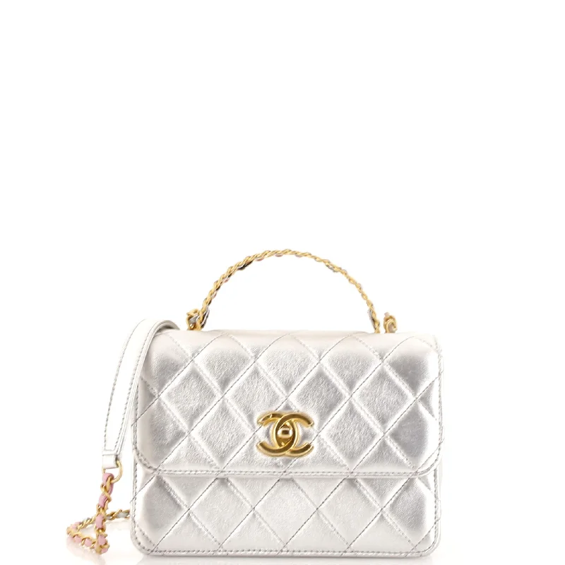 Logo Links Top Handle Flap Bag Quilted Calfskin Mini