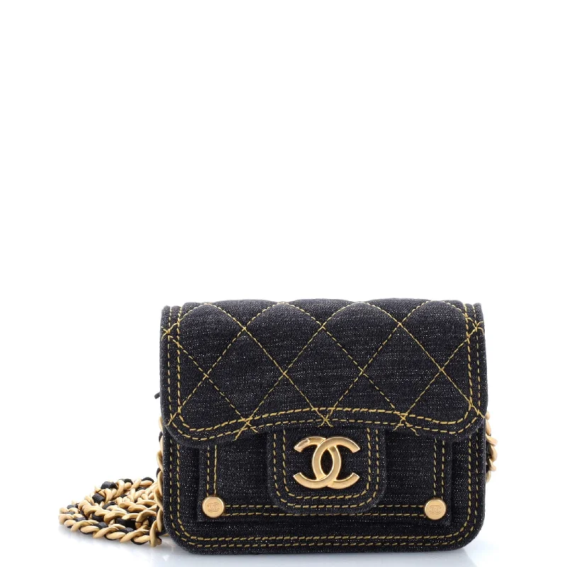 Double You CC Flap Clutch with Chain Quilted Denim