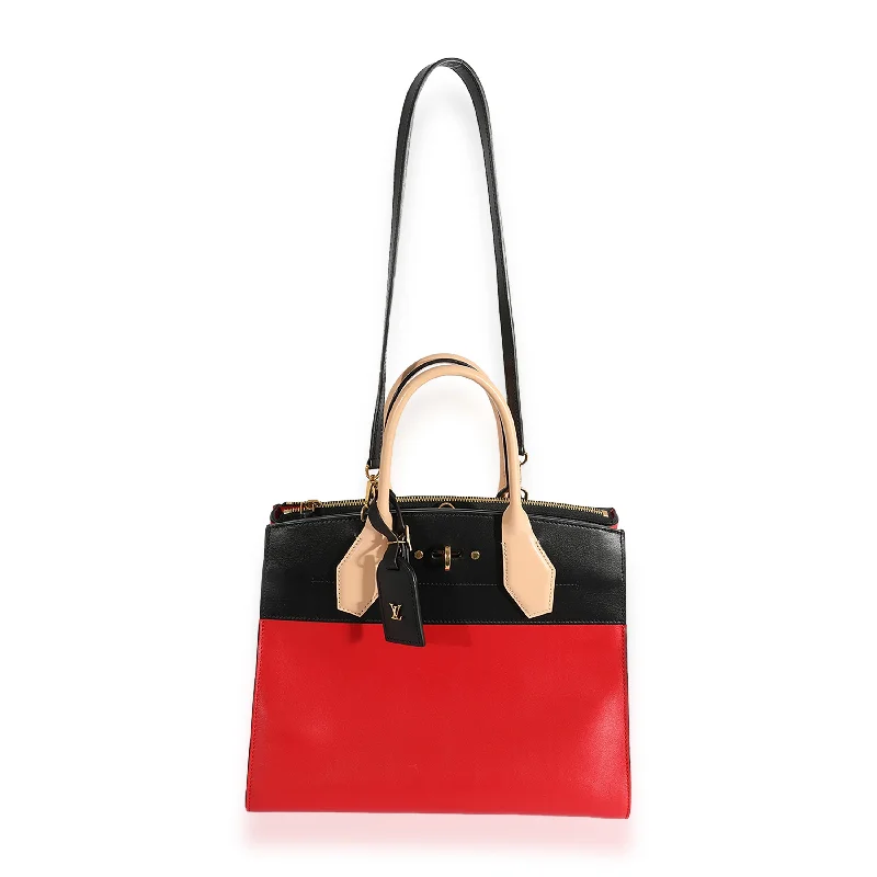 Louis Vuitton Petite Malle bags with a hard - shell structure for uniquenessLOUIS VUITTON Rouge & Black Calfskin City Steamer MM