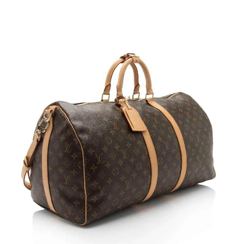 Louis Vuitton tote bags with a printed LV logo on the front for brand visibilityLouis Vuitton Monogram Canvas Keepall Bandouliere 55 Duffle Bag (MAqUH6)