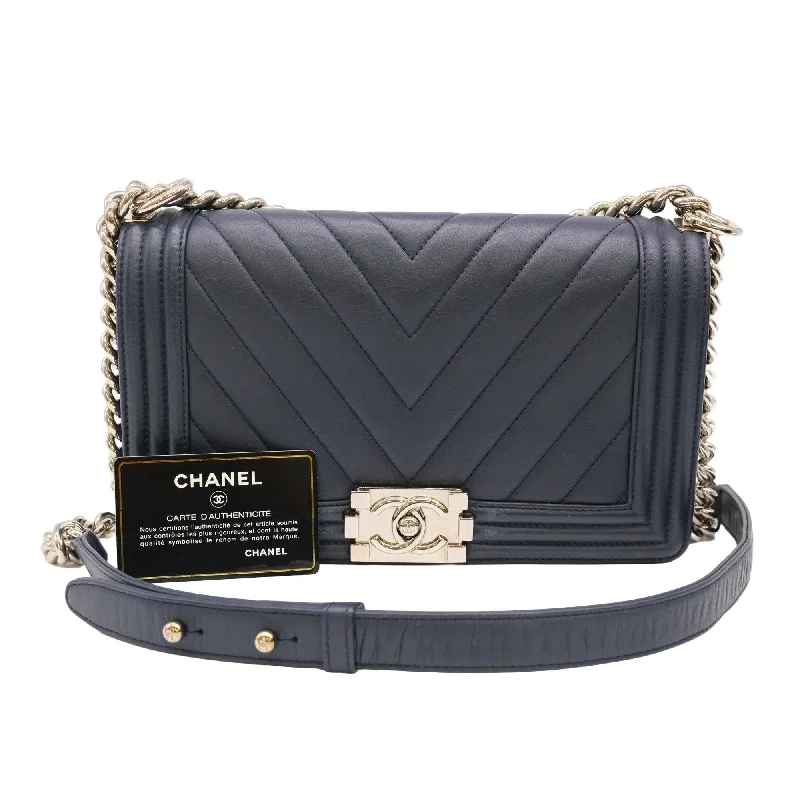 Chanel Classic Flap Bag for Evening PartyCHANEL Boy Chanel V-stitch chain shoulder handbag dark navy blue with sticker