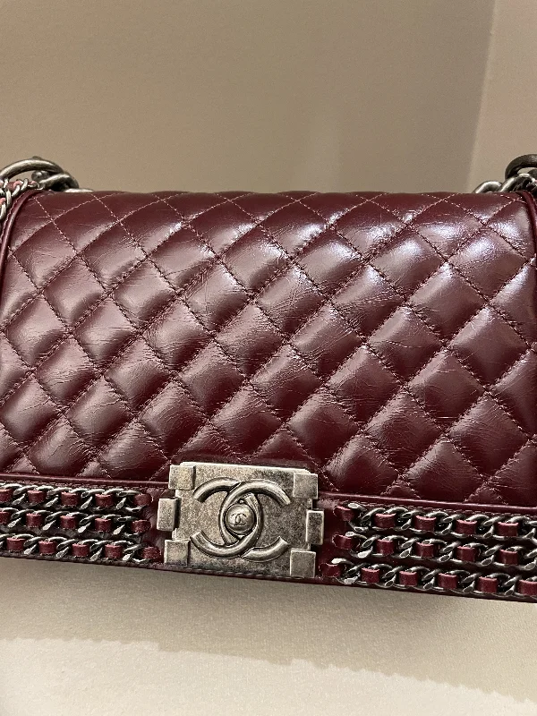 Chanel Black Handbag for Business MeetingsChanel Quilted Old Medium Chained Boy Bag Burgundy Aged Calfskin