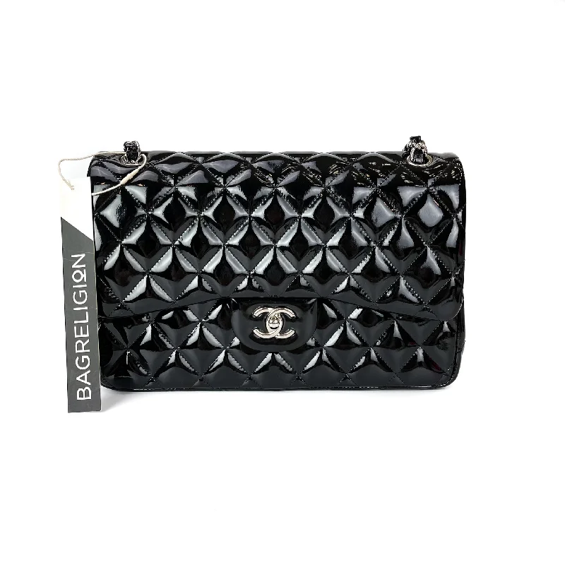 Chanel All - Match Handbag for Versatile StylingDouble Flap Jumbo Quilted Patent Bag in Black with SHW