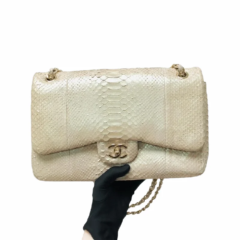 Chanel Medium Tote Bag for Office LadiesJumbo Double Flap in Pearl Python Leather with Light Gold Hardware