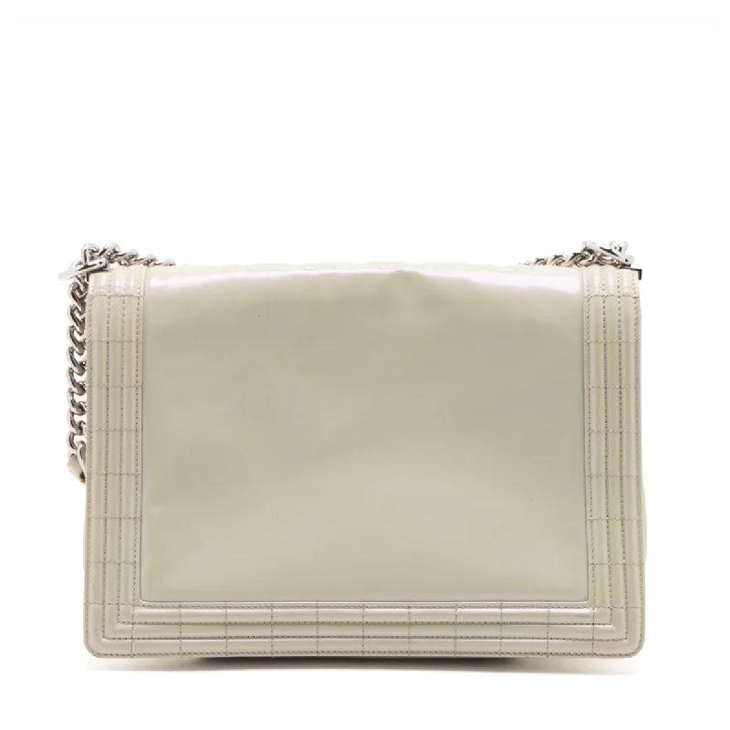 Chanel Luxury Handbag for High - End EventsChanel Boy Chanel Patent Leather Chain Shoulder Bag Pearl White Silver