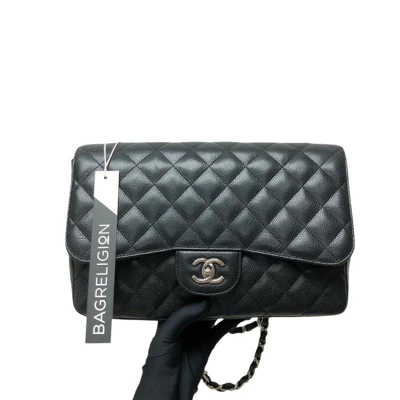 Chanel Quilted Leather Shoulder Bag for FashionistasSingle Flap Classic Jumbo in Black Caviar with SHW