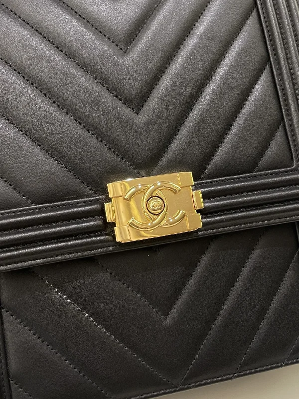 Chanel New Arrival Handbag with Gold HardwareChanel Chevron North South Boy Black Stiff Lambskin