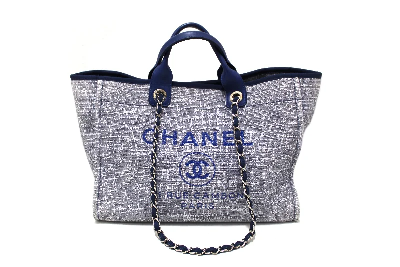 Chanel Designer Handbag with Unique DesignChanel Blue Tweed Maxi Deauville Shopping Tote