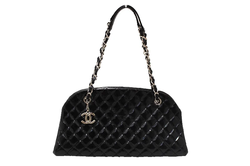 Chanel Designer Handbag with Unique DesignChanel Black Patent Quilted Medium Just Mademoiselle Bowling Bag