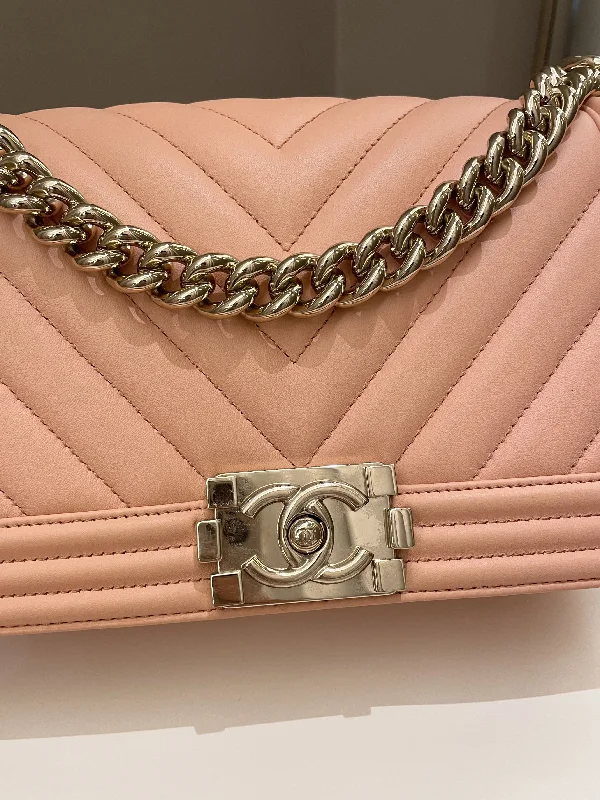 Chanel Designer Handbag with Unique DesignChanel Chevron Boy Old Medium Salmon Pink Calfskin