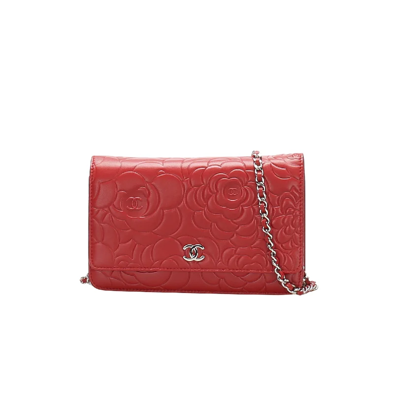 Chanel All - Match Handbag for Versatile StylingCamellia Lambskin Leather Wallet on Chain Red SHW