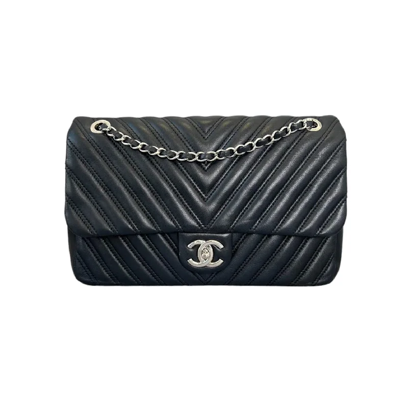 Chanel Designer Handbag with Unique DesignSingle Flap Double Stitch Lambskin Chevron Black SHW