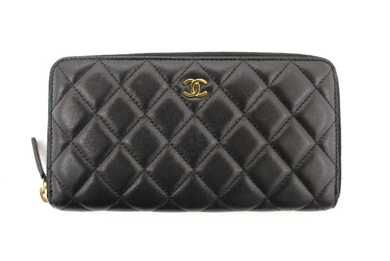 Chanel Handbag with Adjustable Strap for ComfortChanel Black Quilted Lambskin Leather Large Gusset Zip Around Wallet