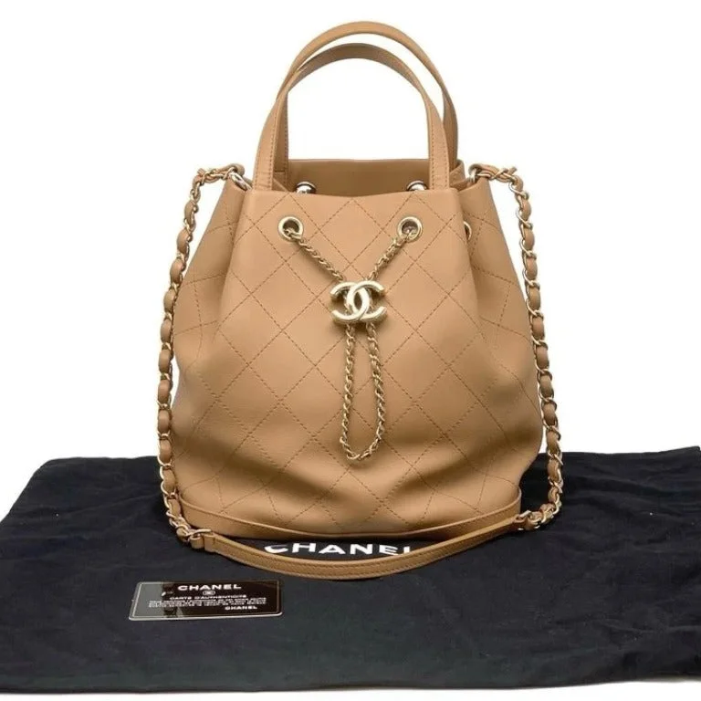 Chanel New Arrival Handbag with Gold HardwareHandle Bucket Two Ways Drawstring CC Calfskin Beige GHW