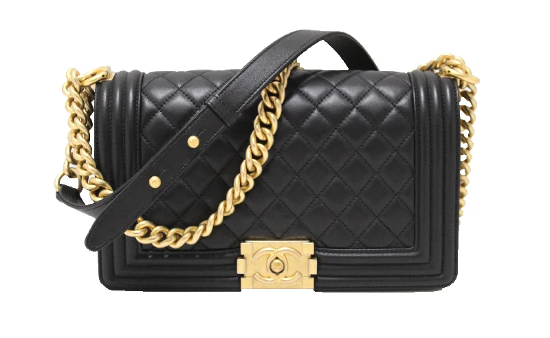 Chanel Quilted Leather Shoulder Bag for FashionistasChanel Black Quilted Lambskin Leather Medium Boy Shoulder Bag