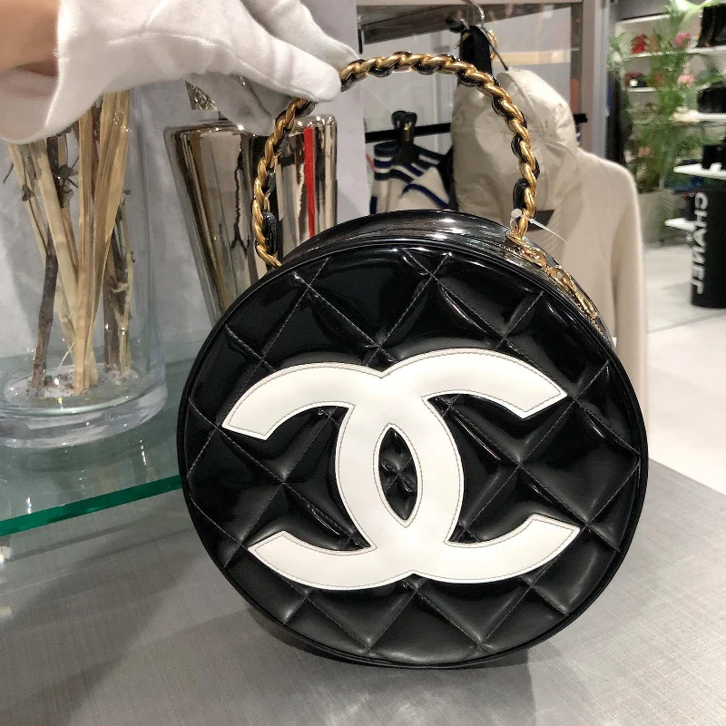 Chanel Luxury Handbag for High - End EventsVanity Case Vintage Round Top Handle Quilted Black Patent Leather Clutch