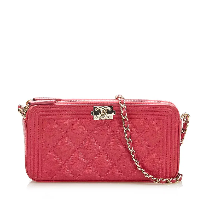 Chanel Handbag with Adjustable Strap for ComfortLe Boy Lambskin Leather Wallet on Chain Red