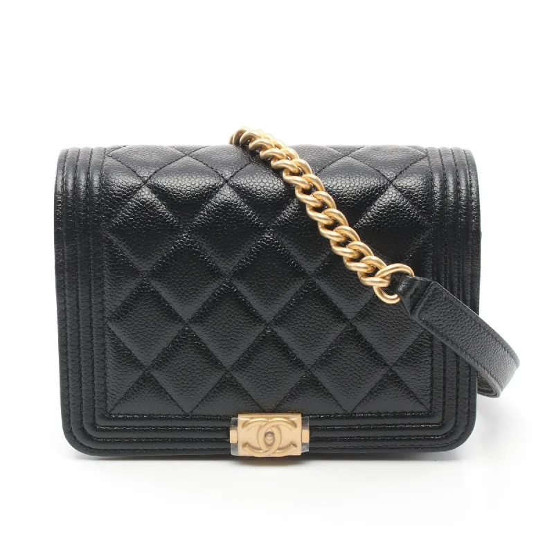 Chanel Quilted Leather Shoulder Bag for FashionistasCHANEL Boy Chanel Matelasse Chain Clutch Wallet Shoulder Bag Caviar Skin Women's Black AP2464