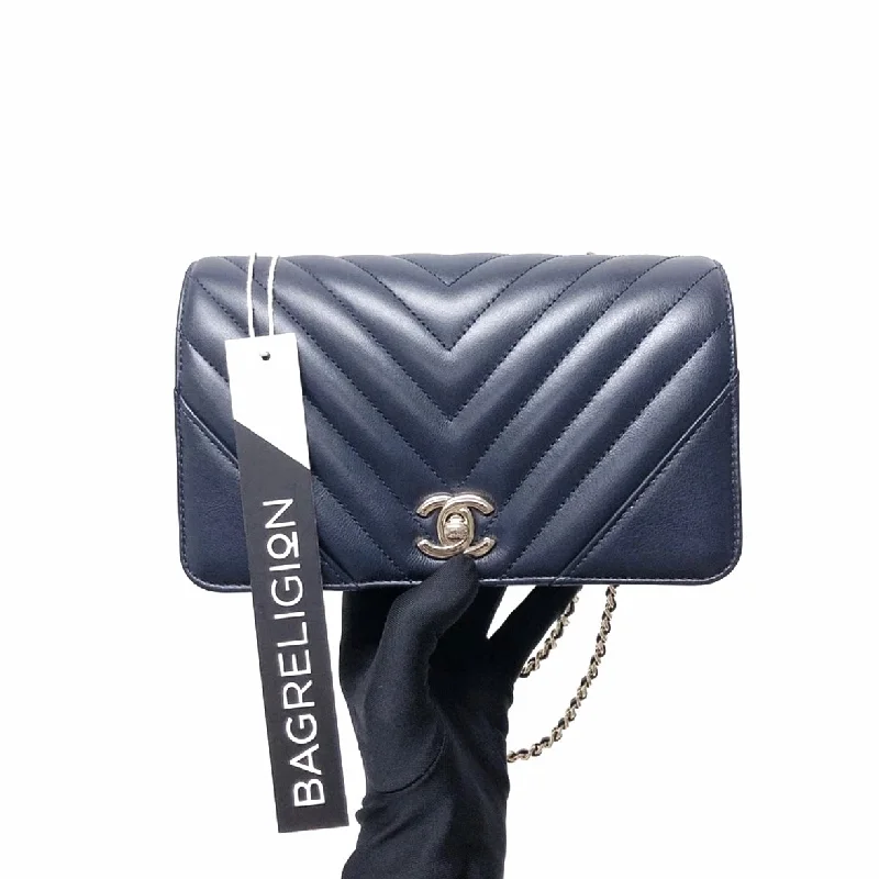 Chanel All - Match Handbag for Versatile StylingCalfskin Chevron Quilted Mini Statement Flap Navy Blue