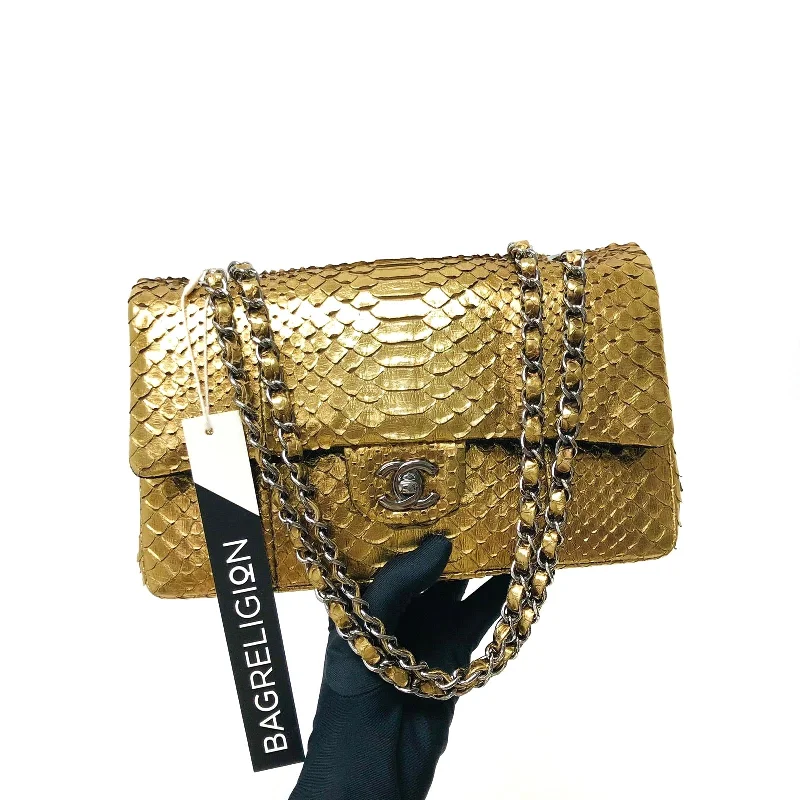 Chanel Classic Flap Bag for Evening PartyClassic Double Flap Gold M/L Python Bag with RHW