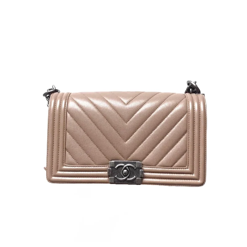 Chanel Luxury Handbag for High - End EventsCaviar Beige Boy Medium with Ruthenium Hardware