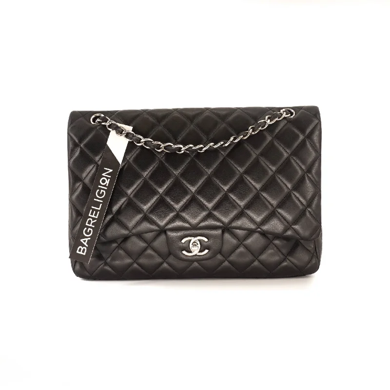 Chanel Chain Strap Handbag for Everyday UseSingle Flap Maxi in Black Lambskin Leather with SHW