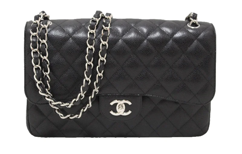 Chanel Designer Handbag with Unique DesignChanel Black Quilted Caviar Leather Classic Jumbo Double Flap Bag