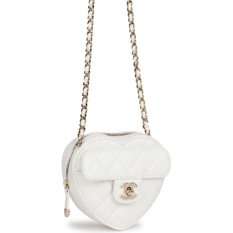 Chanel All - Match Handbag for Versatile StylingChanel CC In Love Heart Clutch with Chain White Lambskin Light Gold Hardware