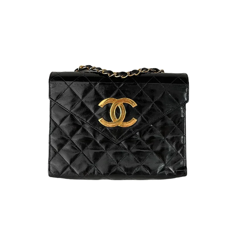 Chanel Handbag with Adjustable Strap for ComfortQuilted Patent Leather Envelope Flap Black