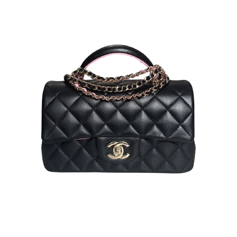 Chanel Small Crossbody Bag for TravelBi-Color Mini Top Handle Rectangular Flap Lambskin Black Lilac GHW