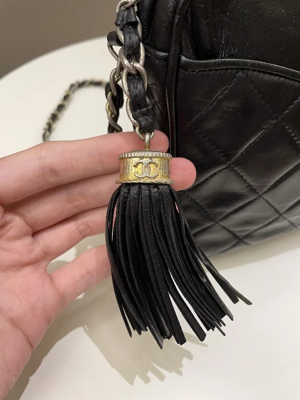 Chanel Designer Handbag with Unique Design﻿﻿Chanel Vintage Camera Bag Tassle Black Lambskin