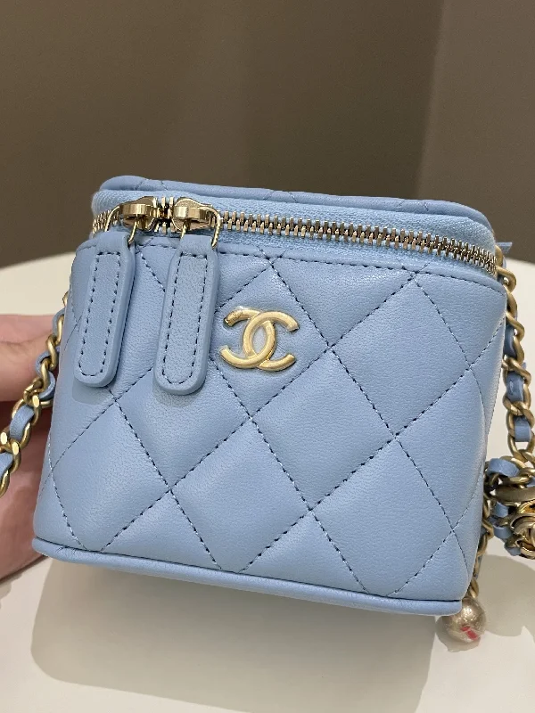 Chanel Handbag with Adjustable Strap for ComfortChanel Quilted Pearl Crush Mini Vanity Cube Sky Blue Lambskin