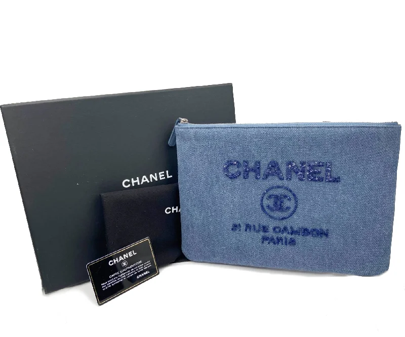 Chanel Colorful Handbag for Spring OutfitsCHANEL Brand New Deauville Blue Denim Sequin Large Clutch