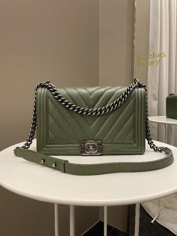 Chanel Small Crossbody Bag for TravelChanel Chevron Boy New Medium Olive Green Calfskin